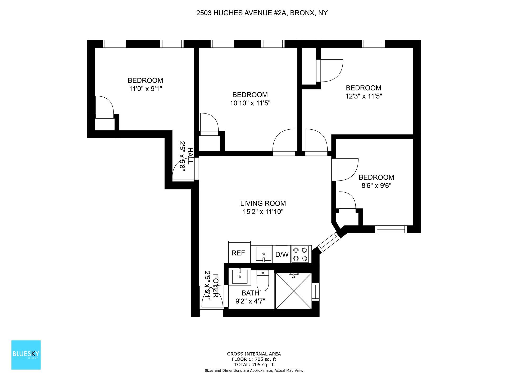 A black and white floor plan of a house with three bedrooms and a bathroom.