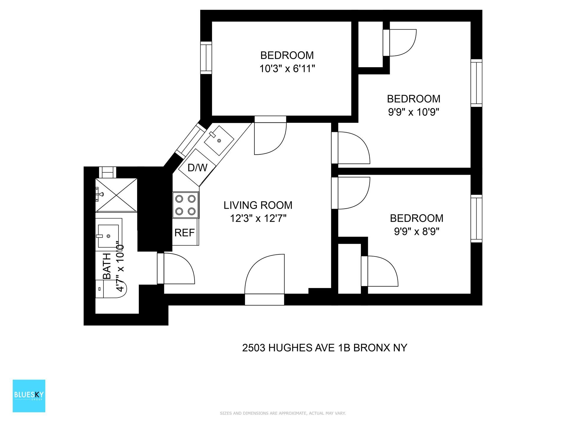 A black and white floor plan of a small apartment.