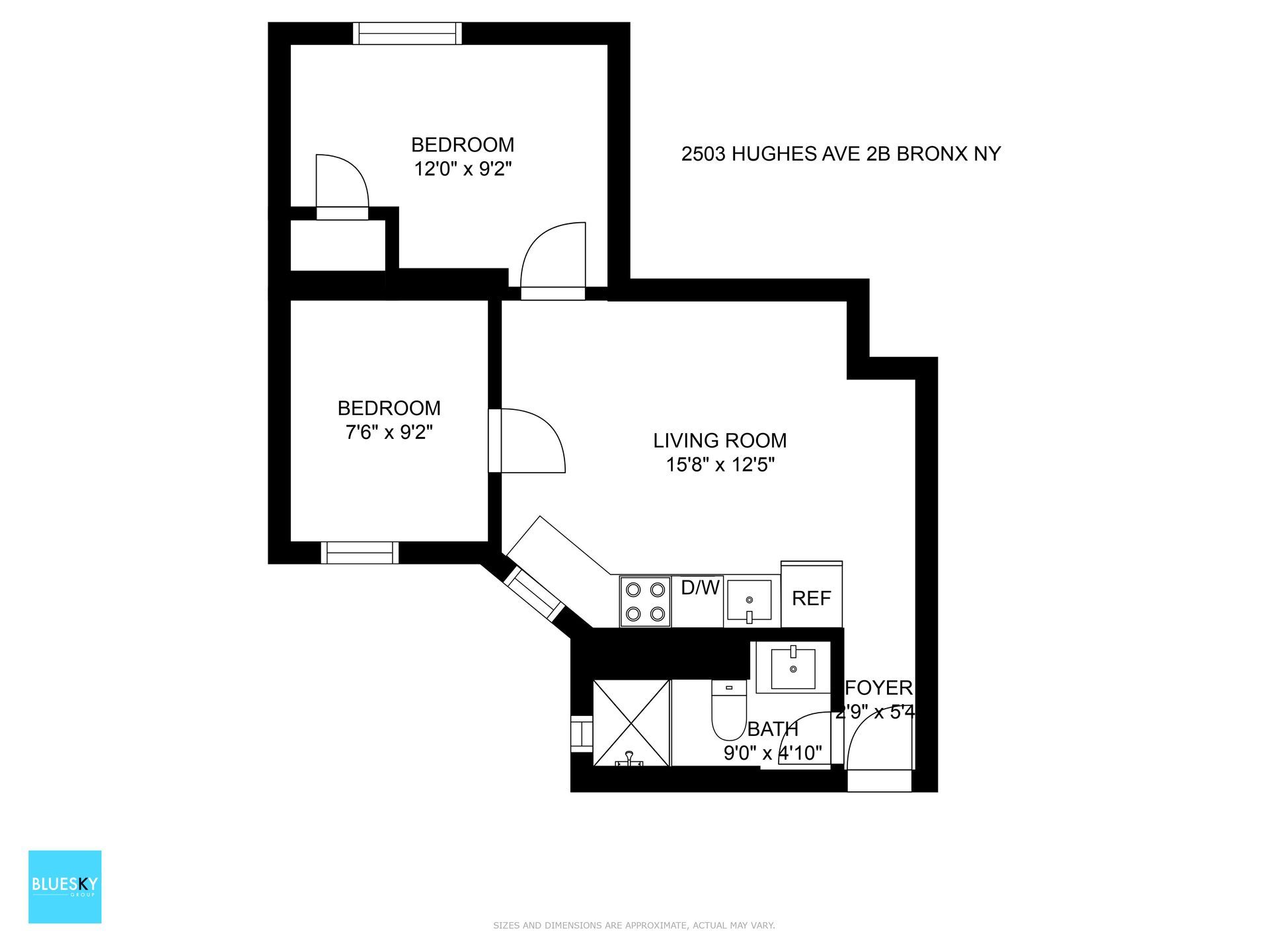A black and white floor plan of a small apartment.