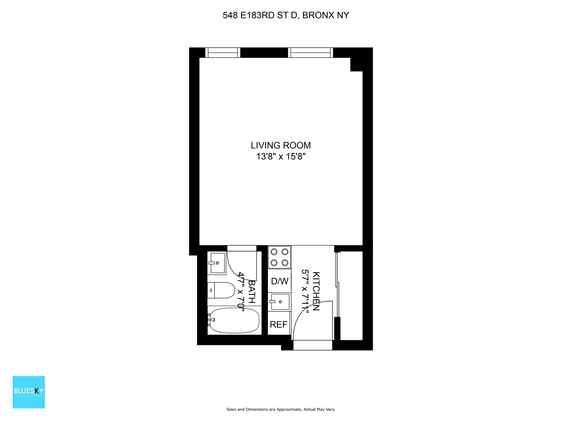 A black and white floor plan of a small apartment.