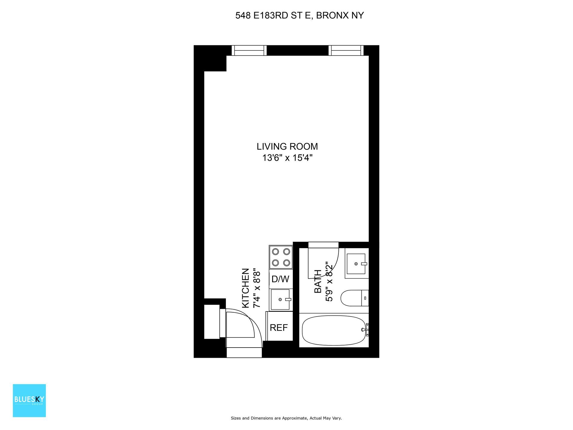 A black and white floor plan of a small apartment.