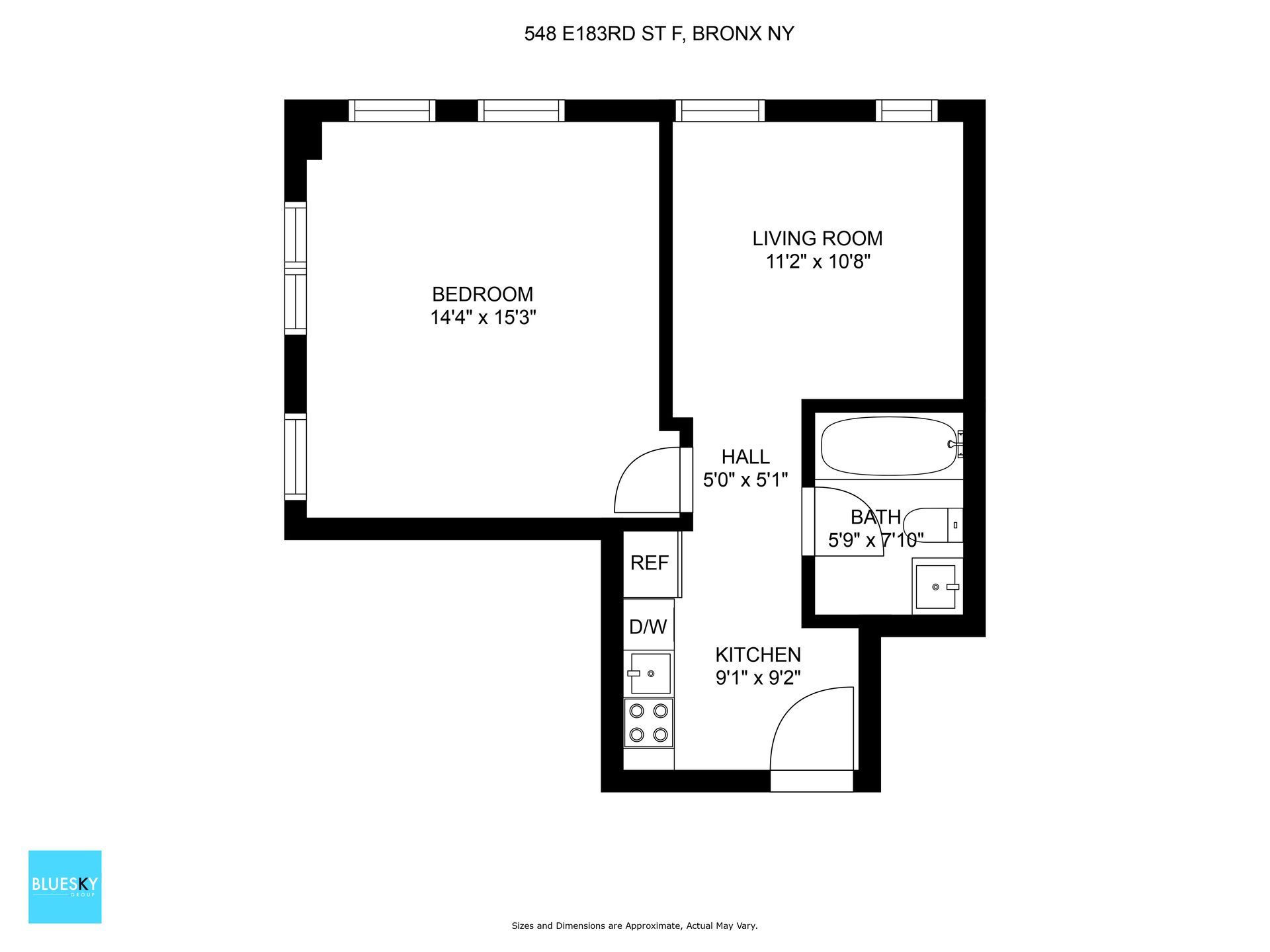 A black and white floor plan of a small apartment.
