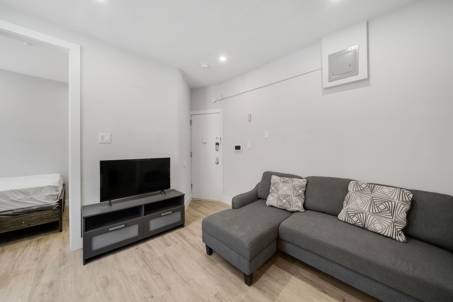 A living room with a couch , television , and bed.