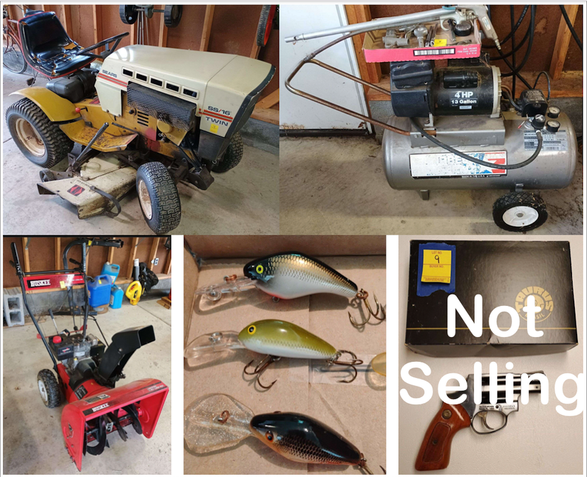 mowers, tools, snowblower, air compressor, fishing, guns, furniture