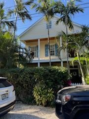 A black car is parked in front of a large white house surrounded by palm trees.