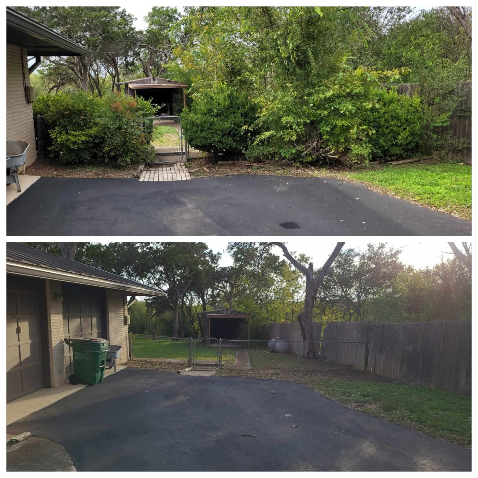 Two views of a driveway beside a house, with trees, shrubs, fence, and a small shed in the background.