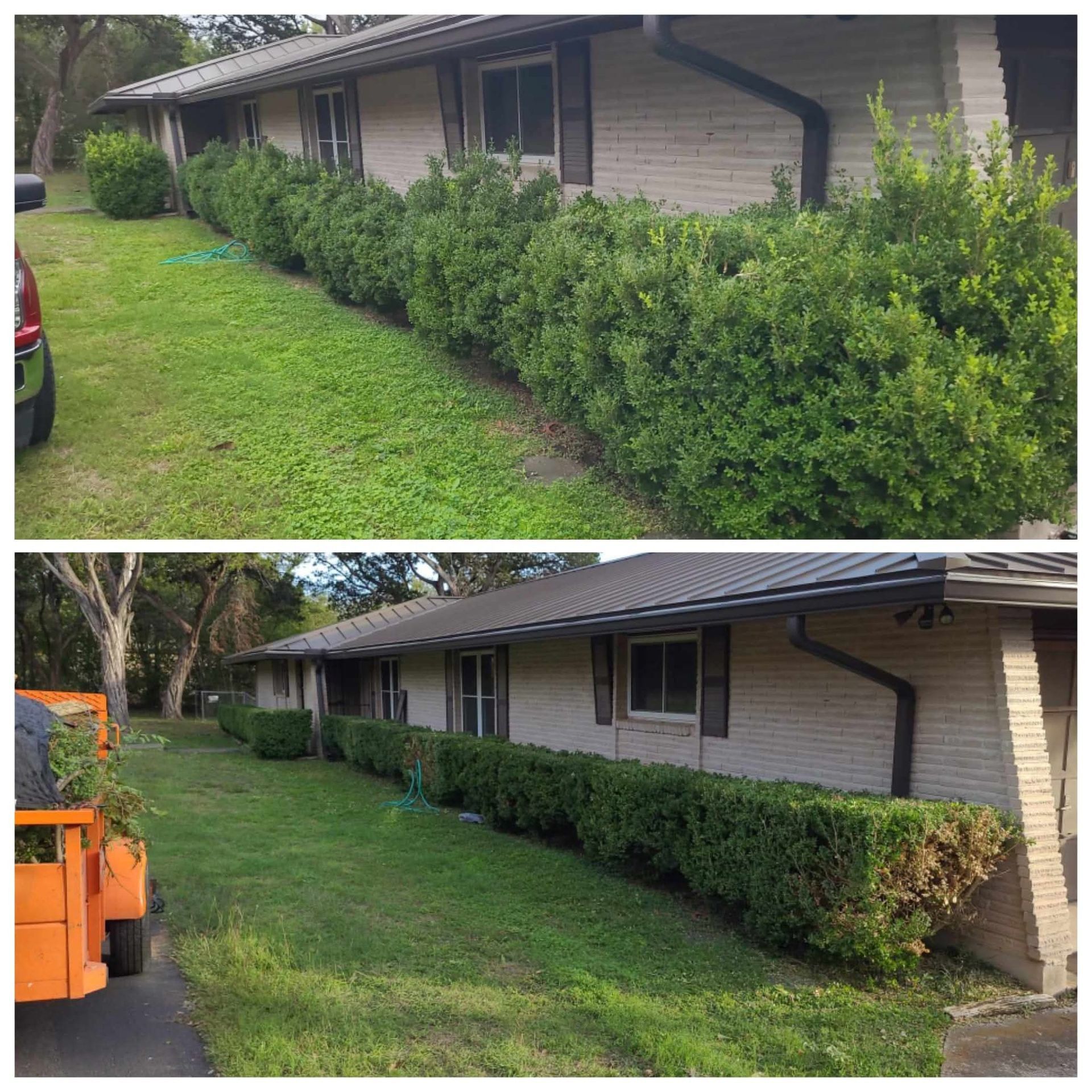 Two views of a house with neatly trimmed hedges along the lawn and side wall.
