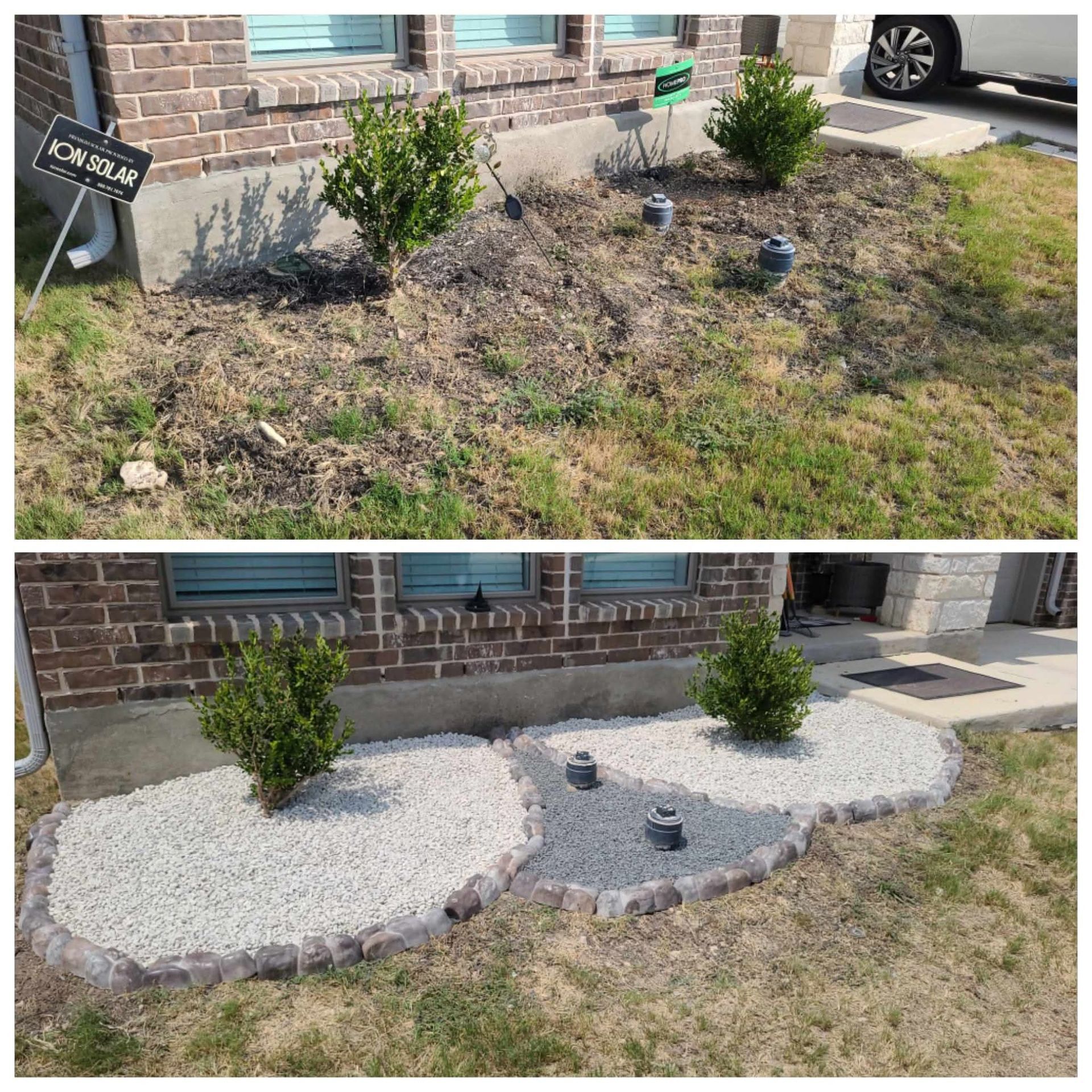 Before-and-after yard landscaping by a brick house, showing mulch replaced with white gravel and shrubs.