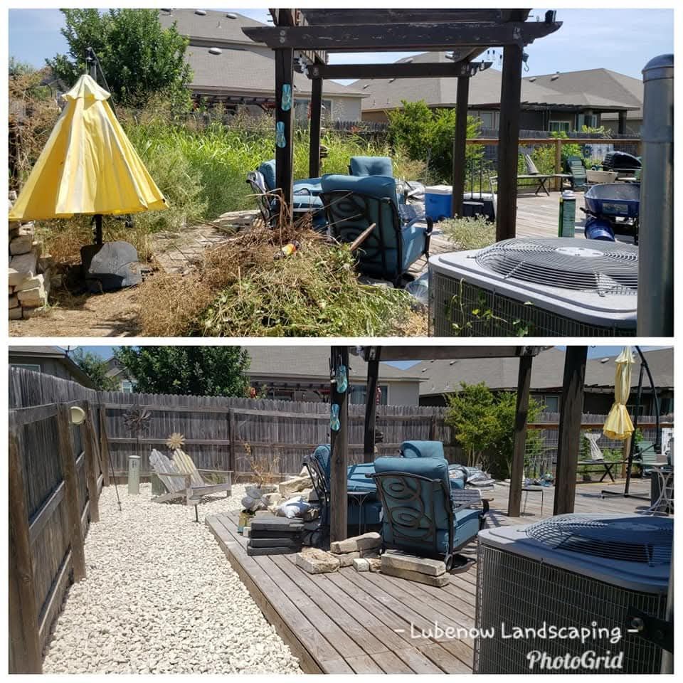 Backyard landscaping before-and-after with gravel path, wooden deck, pergola, and patio furniture