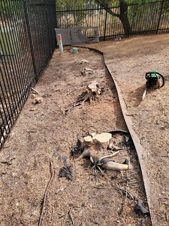 Burned dirt strip along a black fence with scattered debris and a garden hose on the right