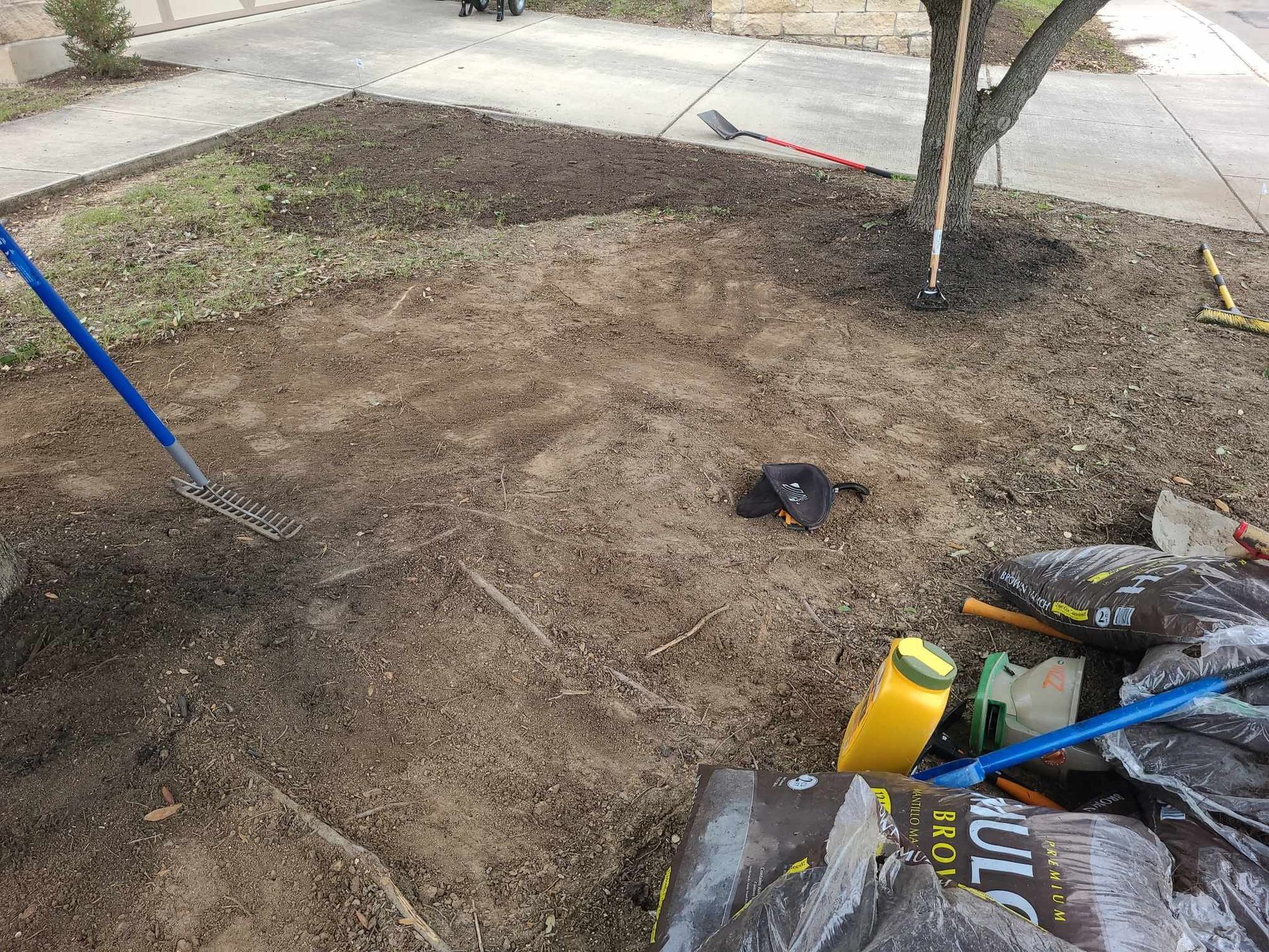 Yard with bare soil, a small tree, and landscaping tools beside a driveway