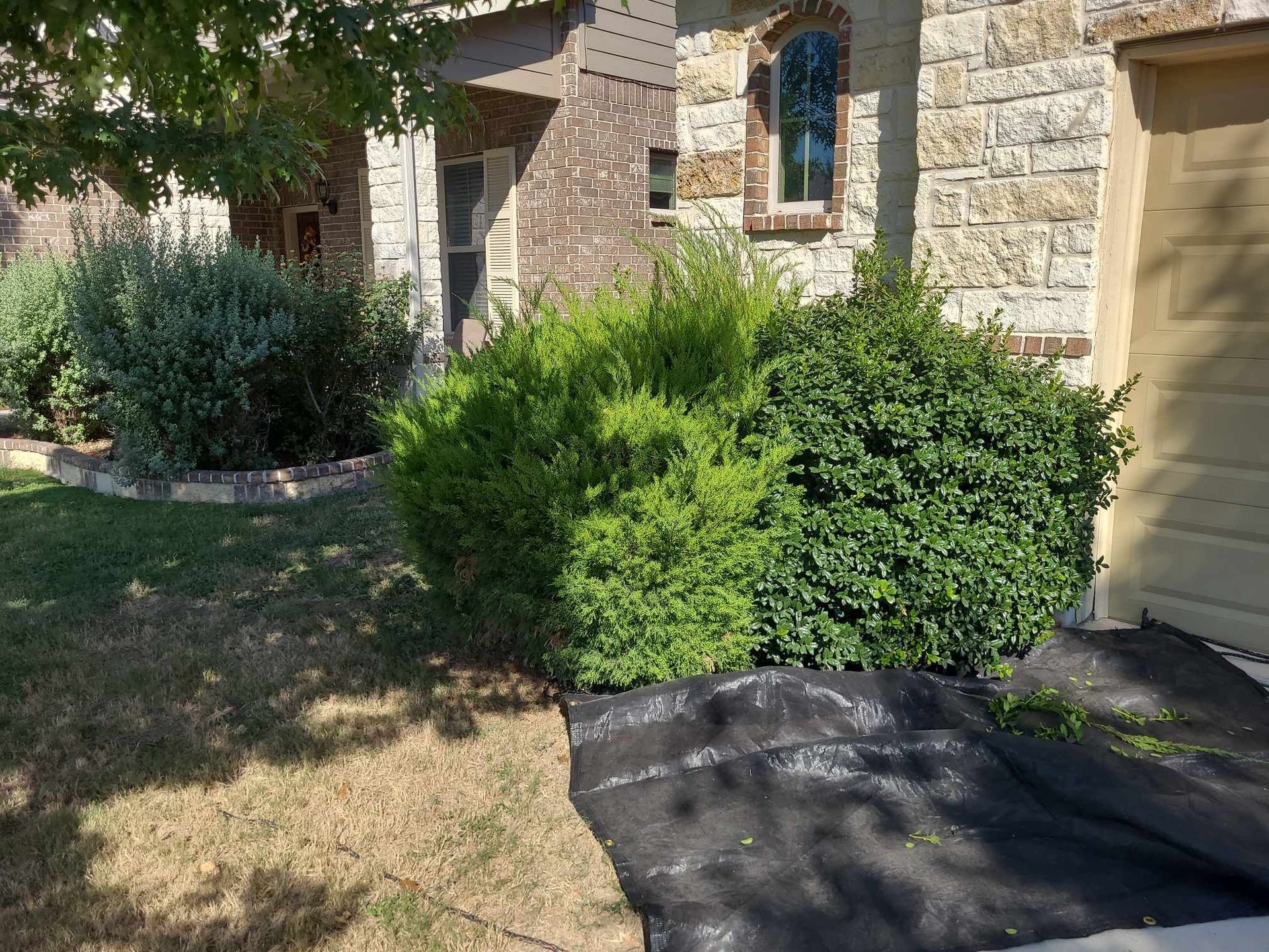 Stone house exterior with shrubs, patchy lawn, and black landscape fabric near the entry