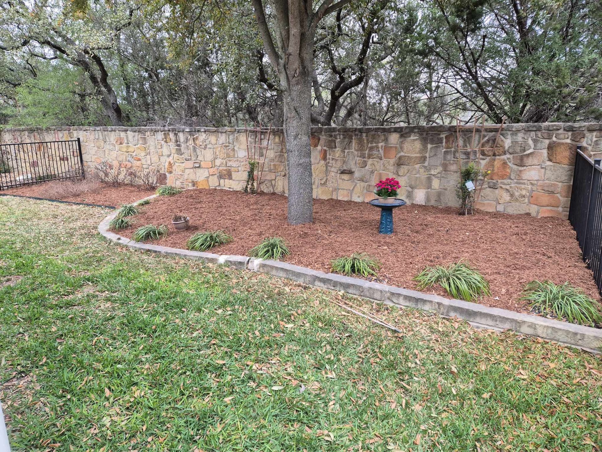 Landscaped yard with a stone wall, red mulch beds, trees, and a small flower planter.