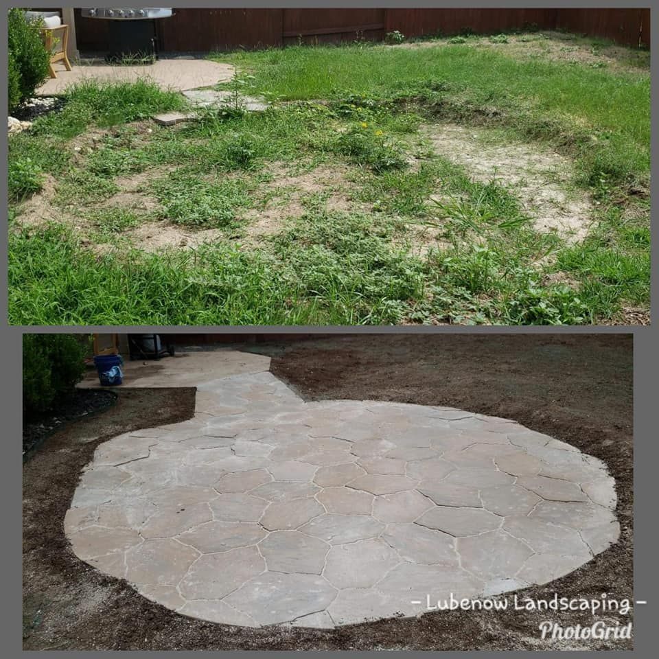 Before-and-after backyard patio: patchy grass transformed into a light stone patio.