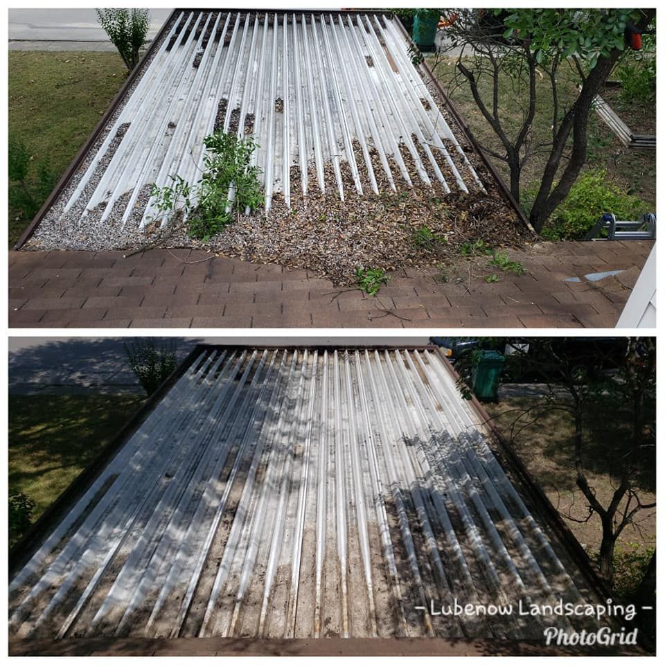 Before-and-after view of a white slatted roof covered with leaves and then cleaned and brightened