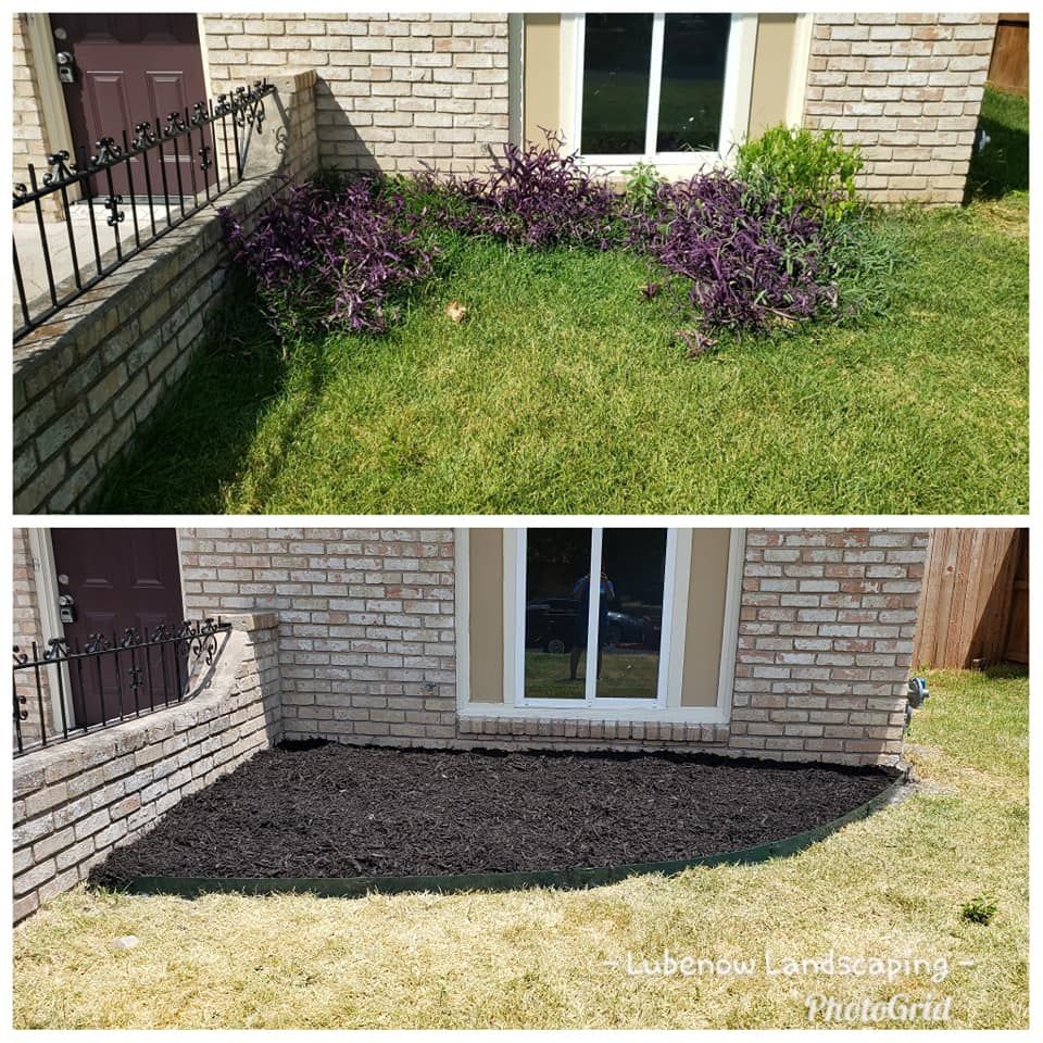 Before-and-after yard bed makeover: overgrown shrubs replaced with fresh black mulch by a brick house.