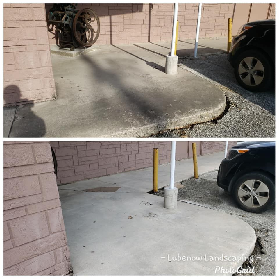 Before-and-after concrete ramp repair beside a parking lot, with smoother surface and added curb edge.