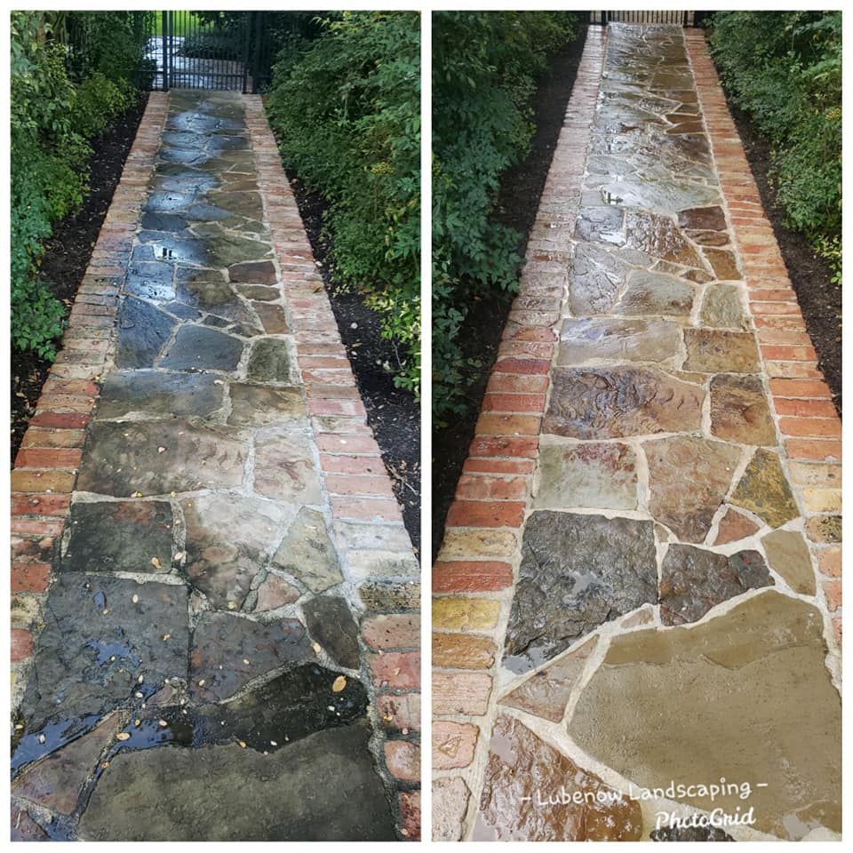Side-by-side stone walkway before and after cleaning, showing dark stained pavers and a brighter restored path
