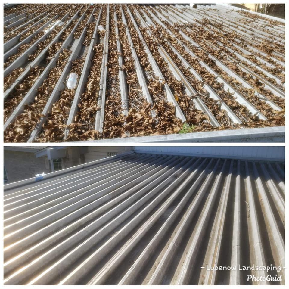 Side-by-side roof panels: dirty before on top, cleaned metal roof after on bottom
