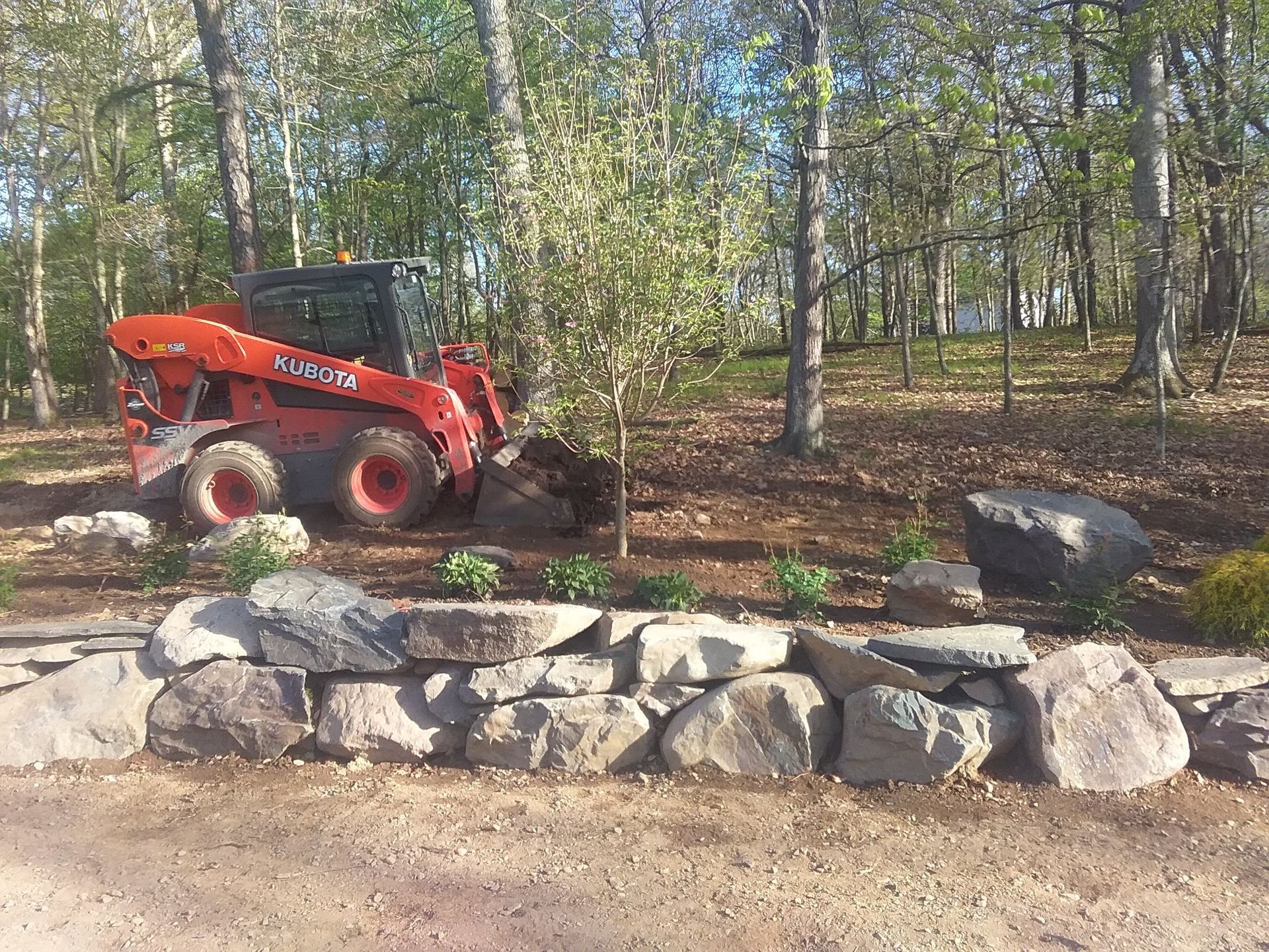 A.A.F Landscaping Excavator  is digging a hole in a rock wall in the woods .