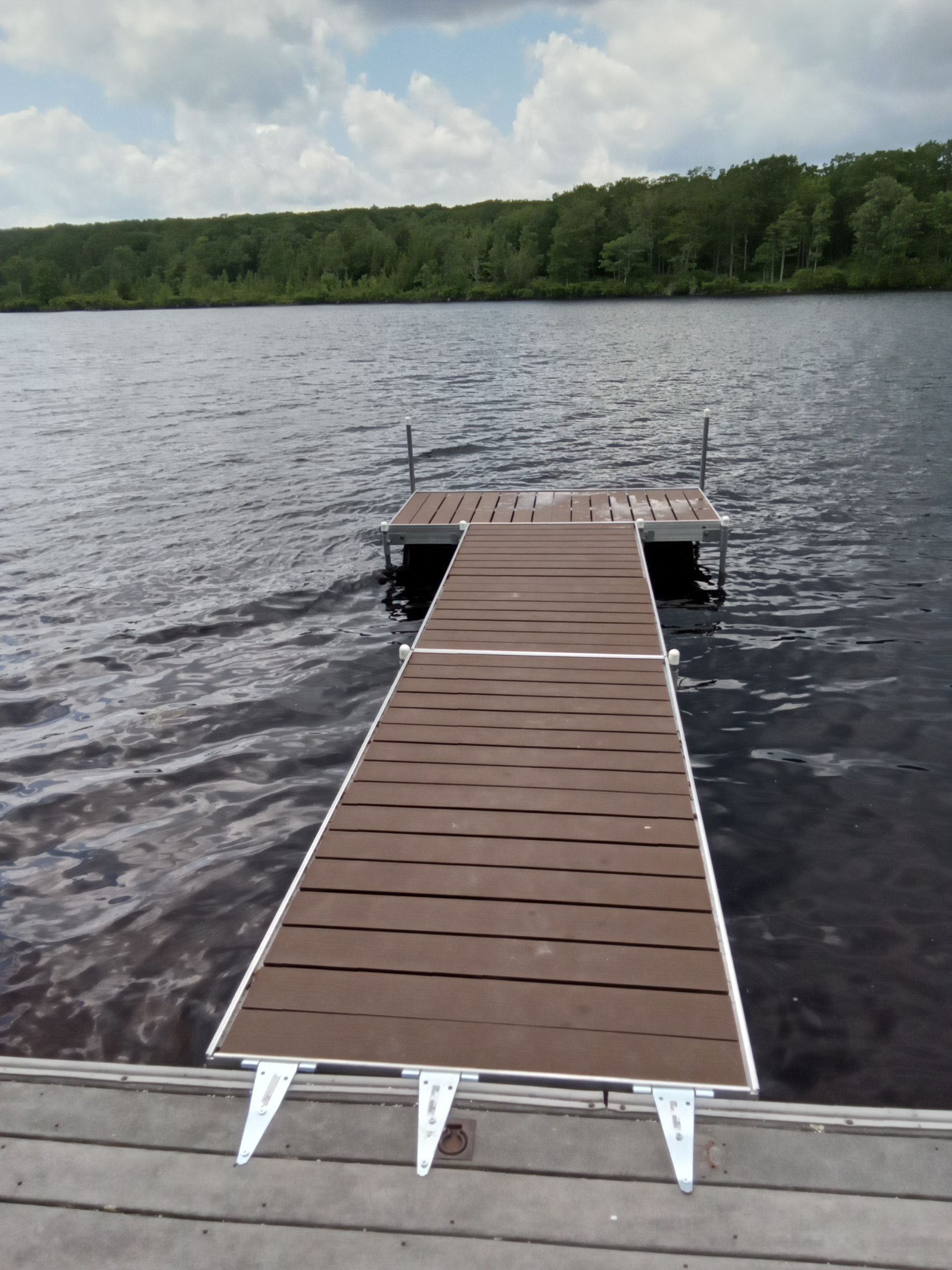 A wooden dock extends into a calm lake with a treeline and cloudy sky in the background.