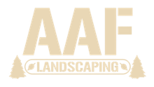 A logo for aaf landscaping with trees in the background
