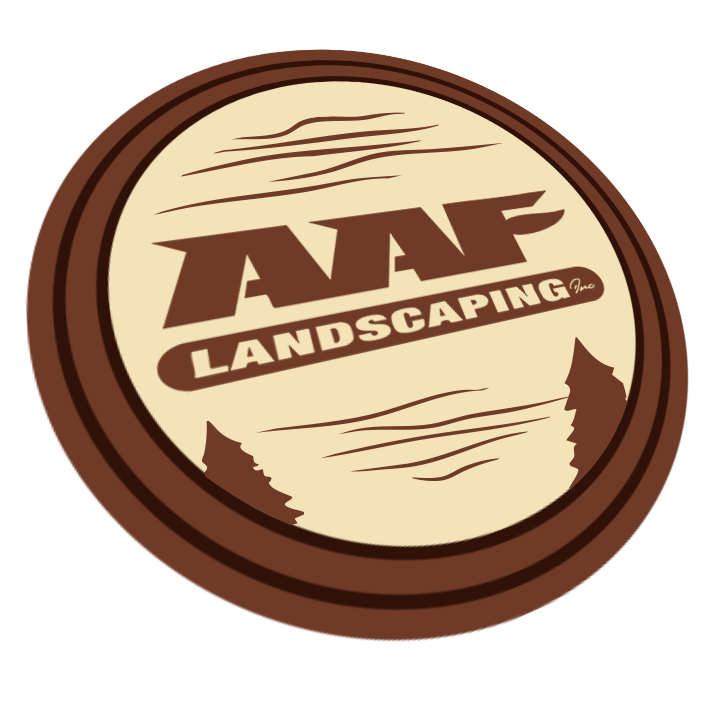 The logo for aaf landscaping is a wooden circle