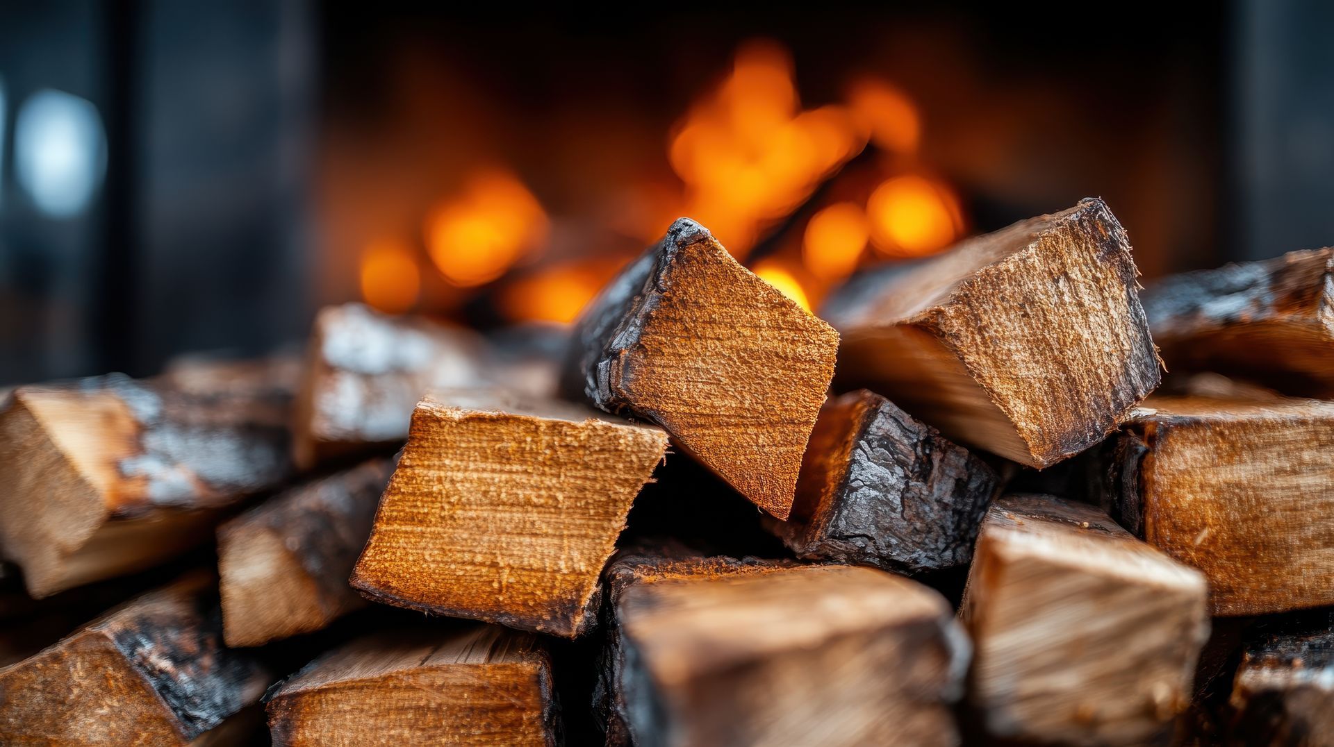 Pile of firewood in front of a fireplace with burning flames.