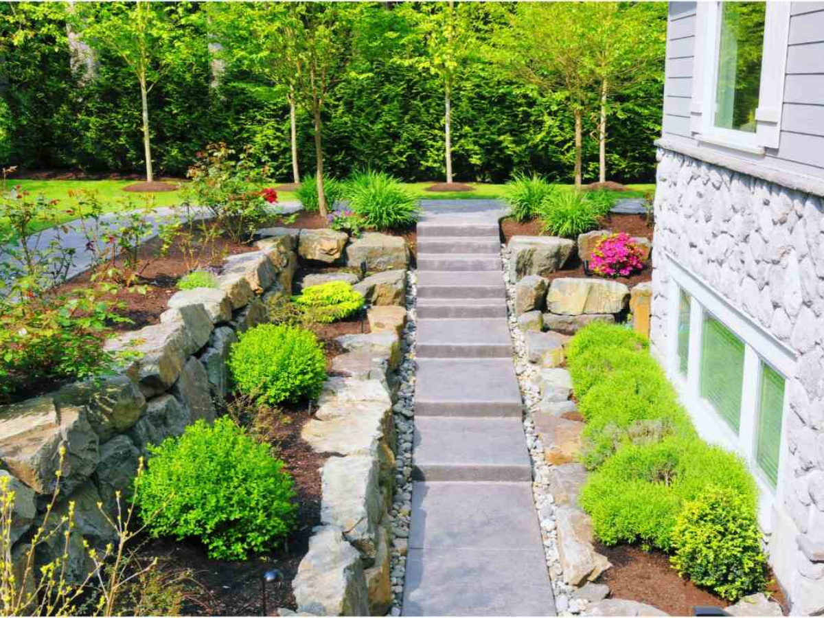 A stone walkway leading to a house surrounded by trees and bushes.