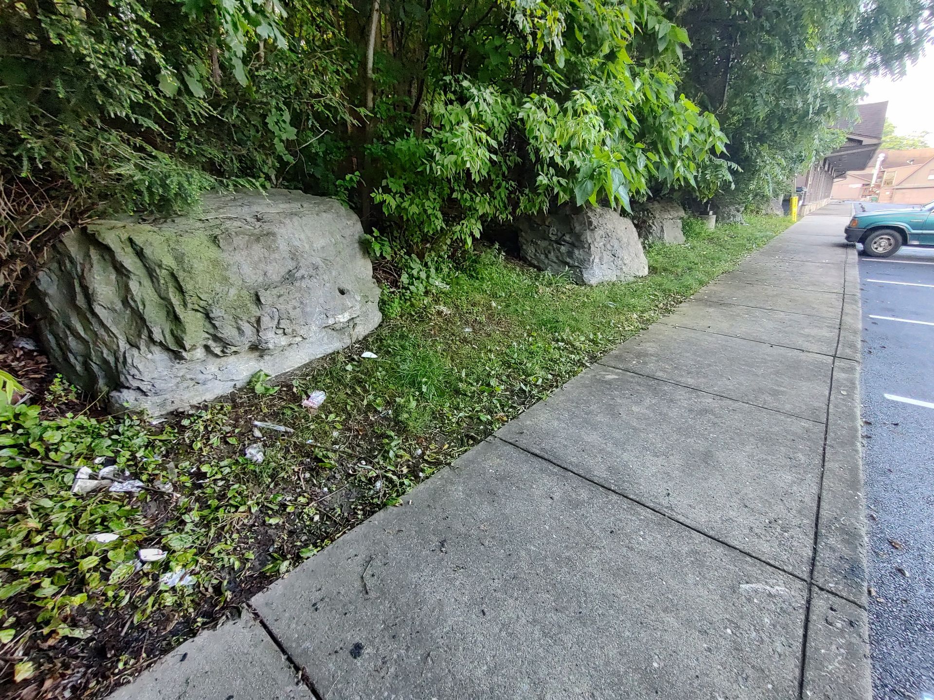 A driveway with rocks and mulch in front of a house
