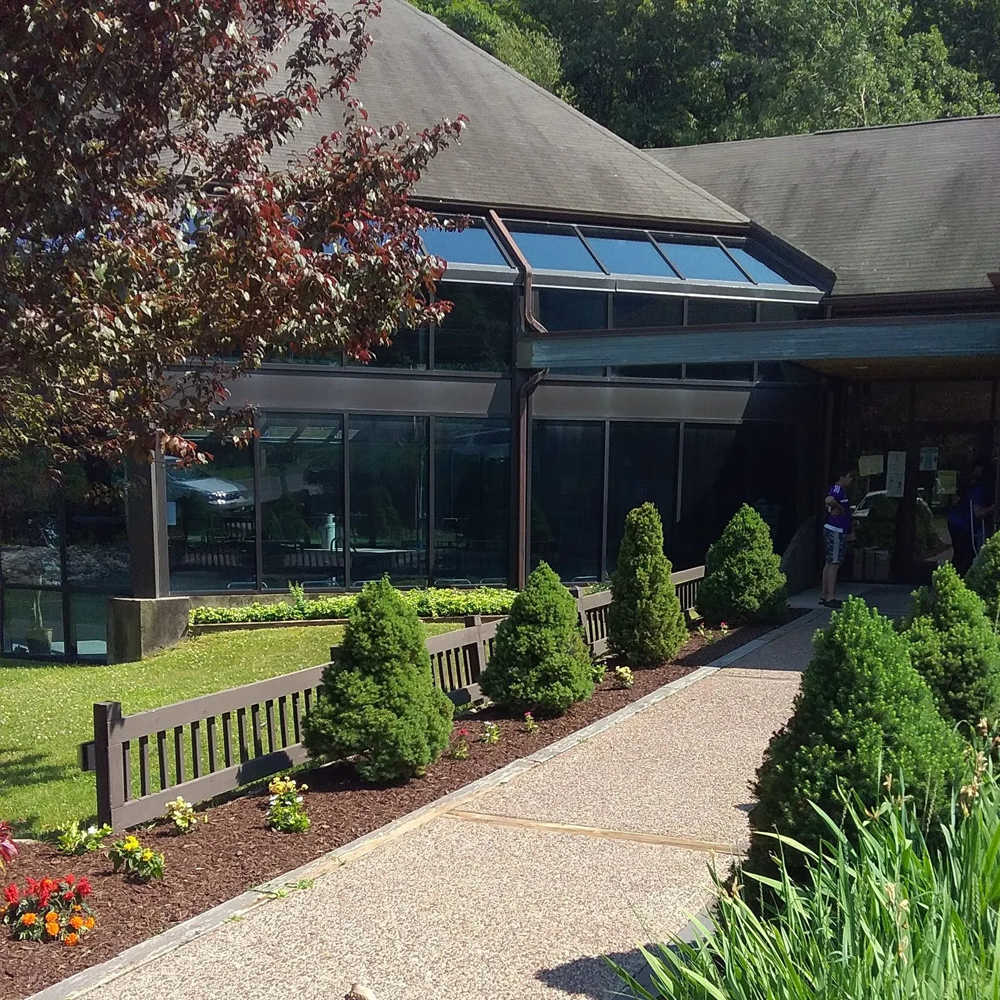 A large building with a walkway leading to it