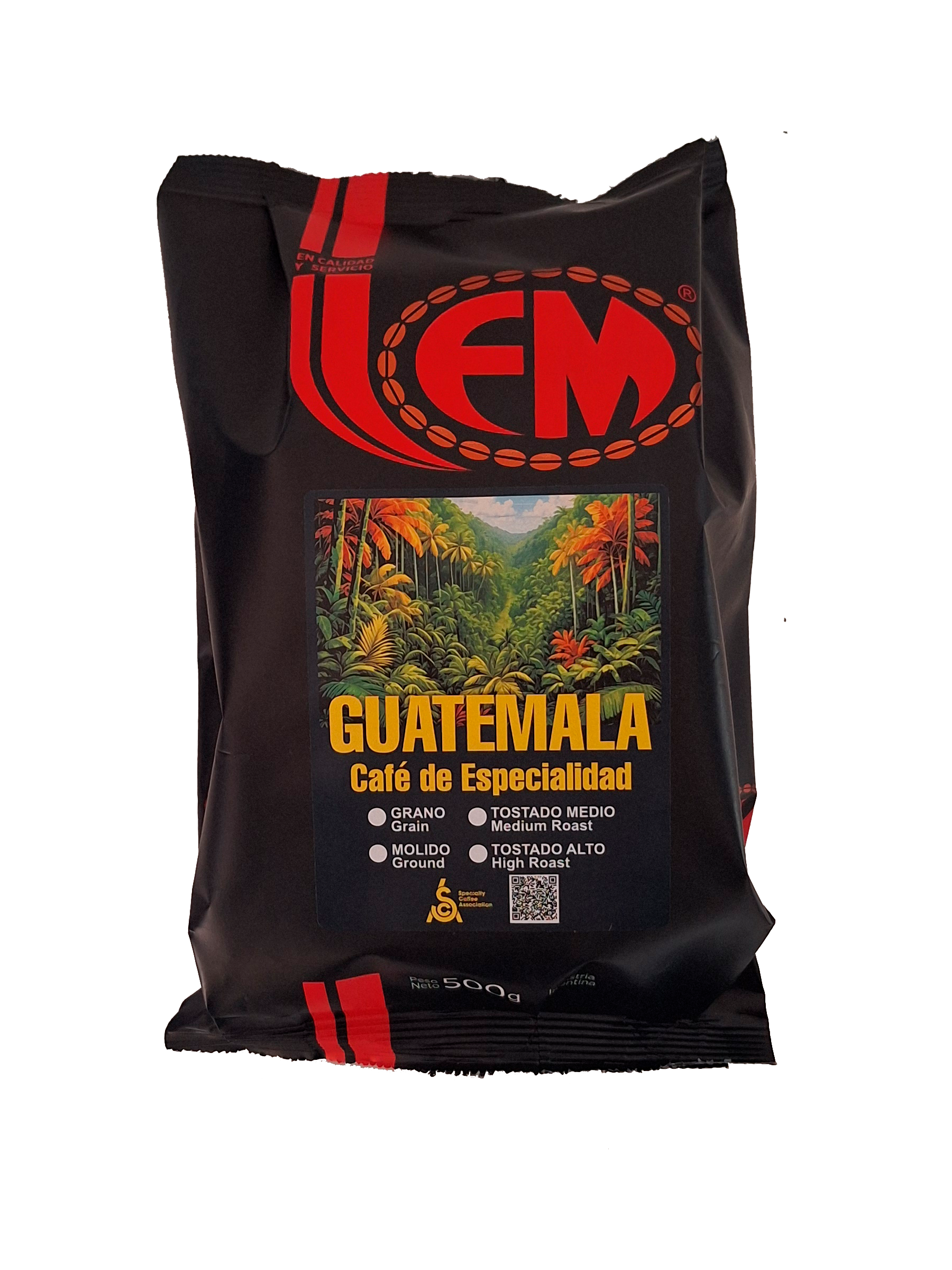 Una bolsa de café de Guatemala con una imagen de un bosque.