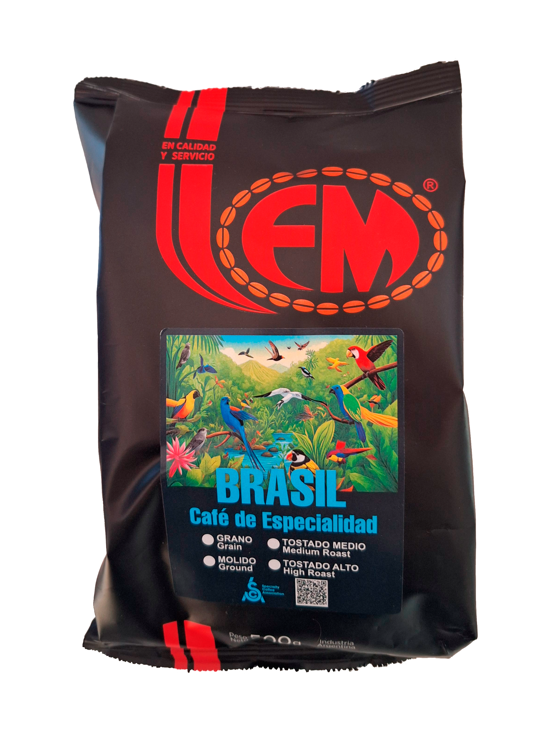 Una bolsa de café de Brasil con una imagen de pájaros.