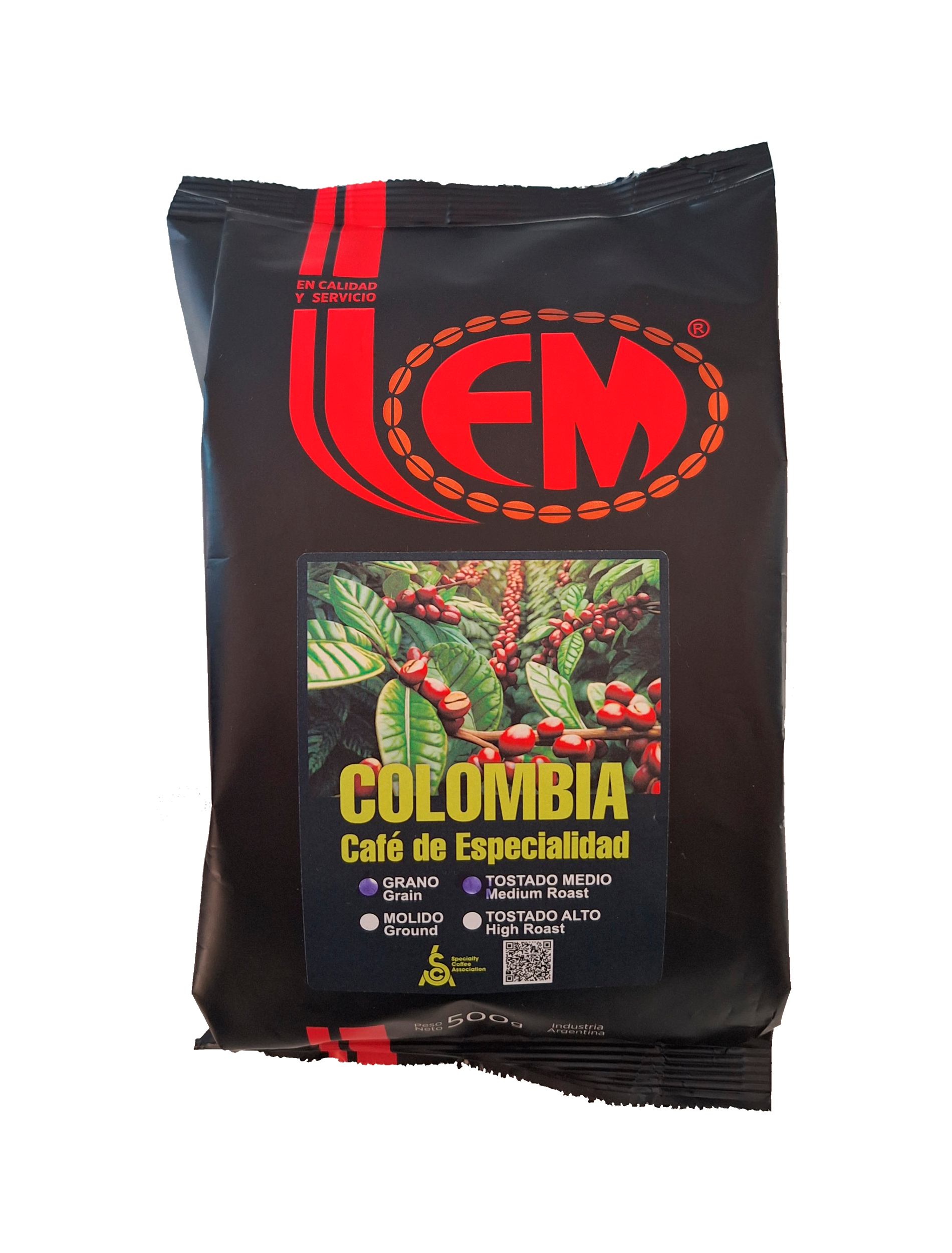 Una bolsa de café colombiano con la imagen de un árbol.