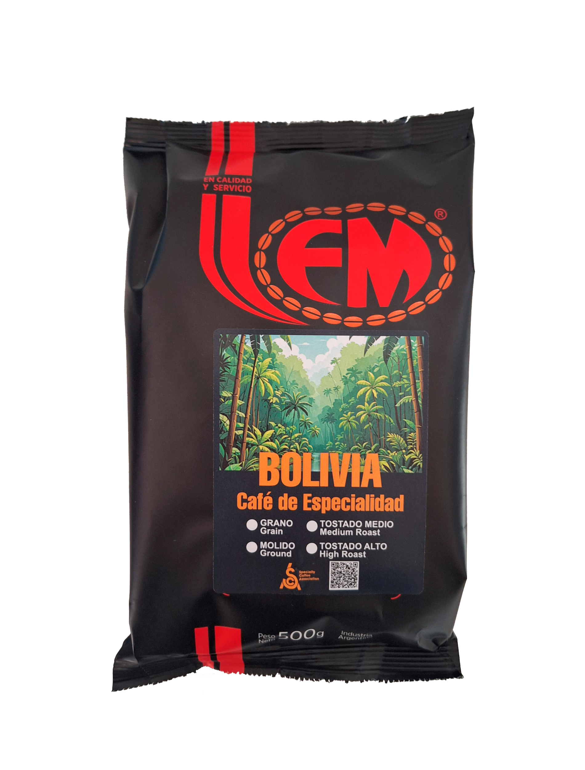 Una bolsa negra de café de Bolivia está sobre un fondo blanco.