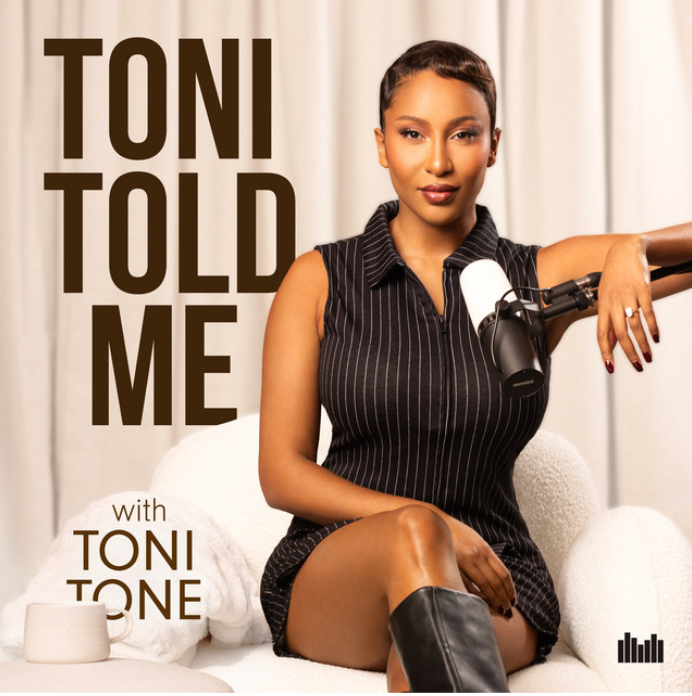 Podcast cover art: Toni Tone, in black dress, sits with microphone, podcast titled 