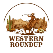 A logo for western roundup with a cowboy on a horse