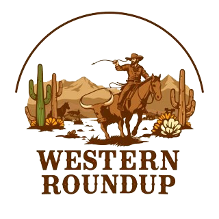 A logo for western roundup with a cowboy on a horse