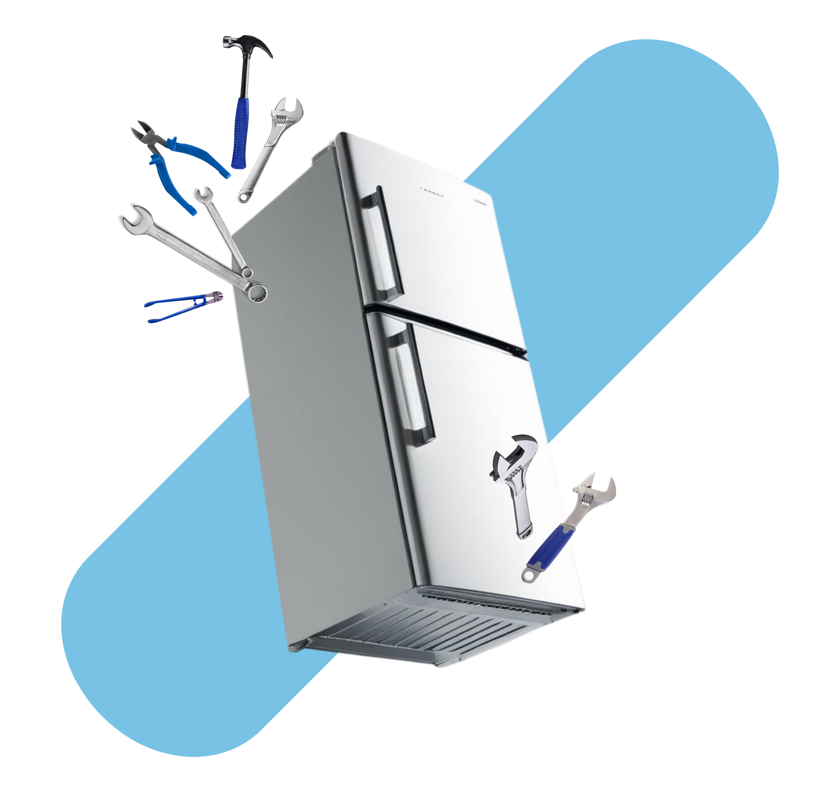 A refrigerator is being repaired with tools flying out of it. A refrigerator is being repaired with tools flying out of it.