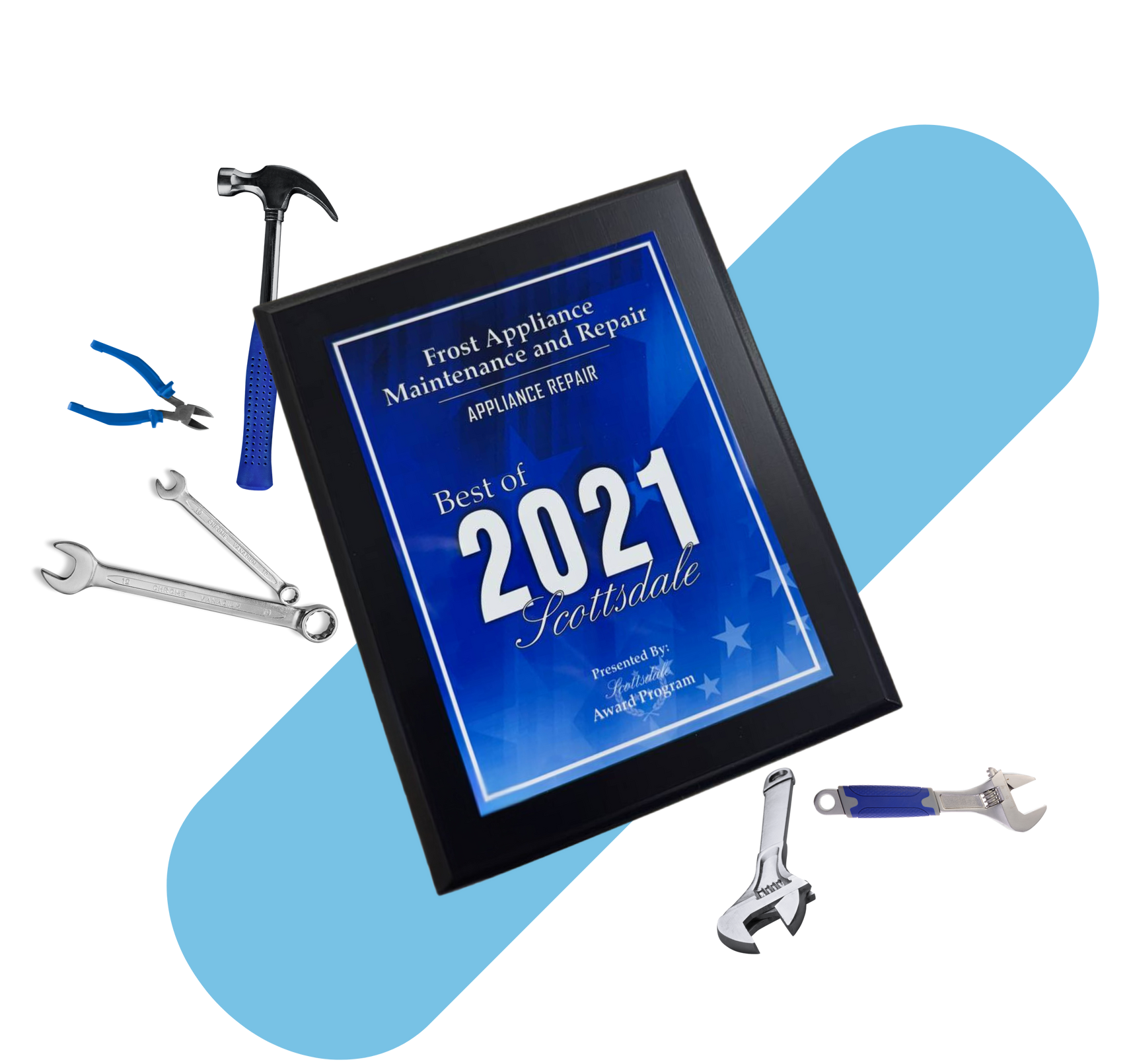 A framed certificate with the year 2021 on it is surrounded by tools.