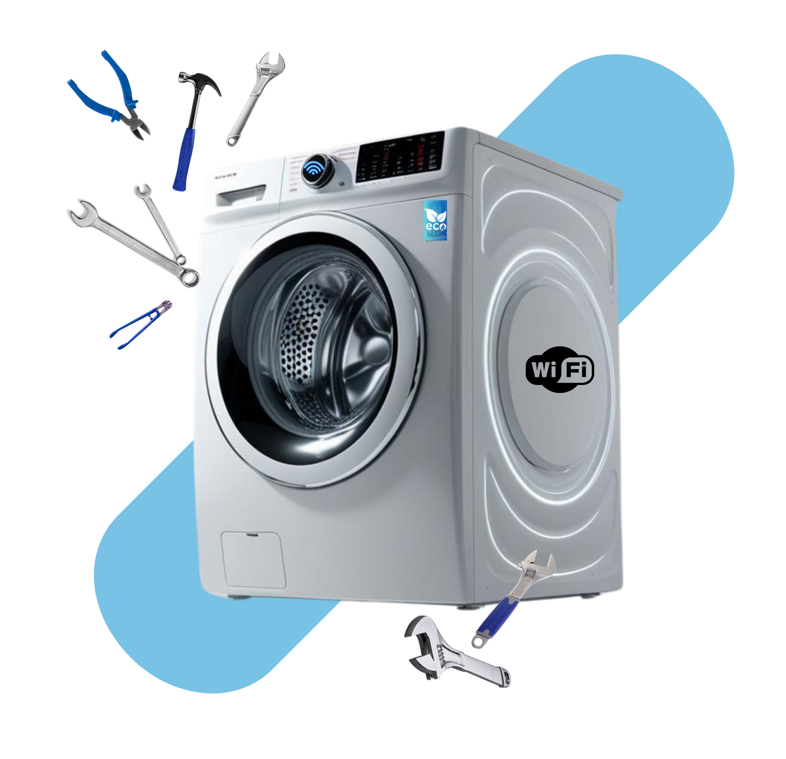 A washing machine is surrounded by tools on a blue background. A washing machine is surrounded by tools on a blue background.