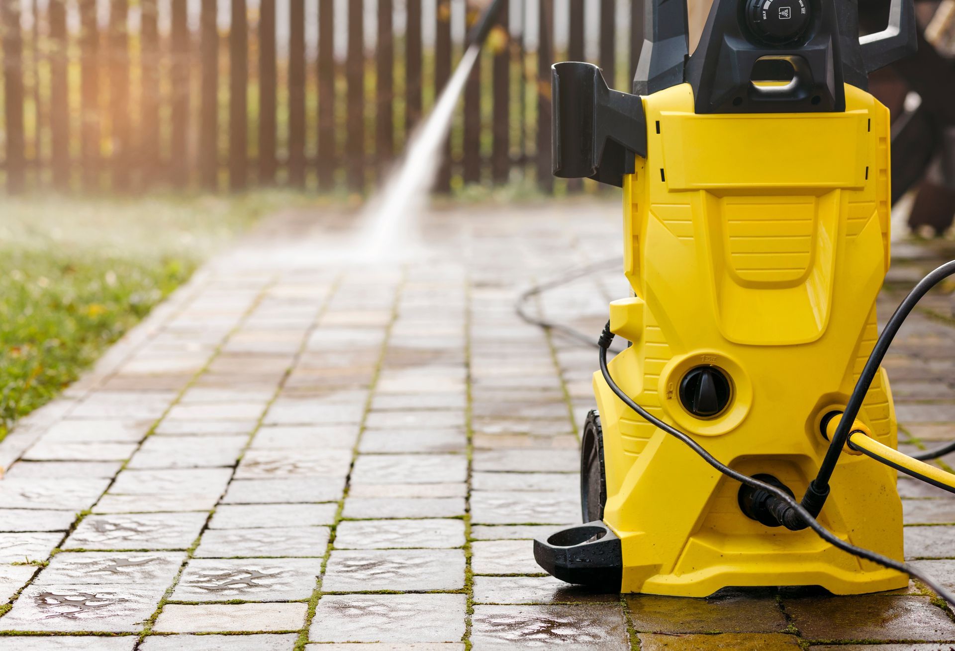 A yellow high pressure washer is cleaning a brick walkway.
