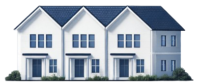 Row of white townhouses with dark blue roofs and windows.