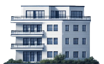 Modern white apartment building with balconies and large windows.