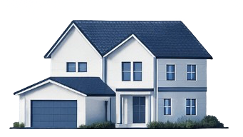 Two-story house with a blue roof, white siding, and an attached garage.