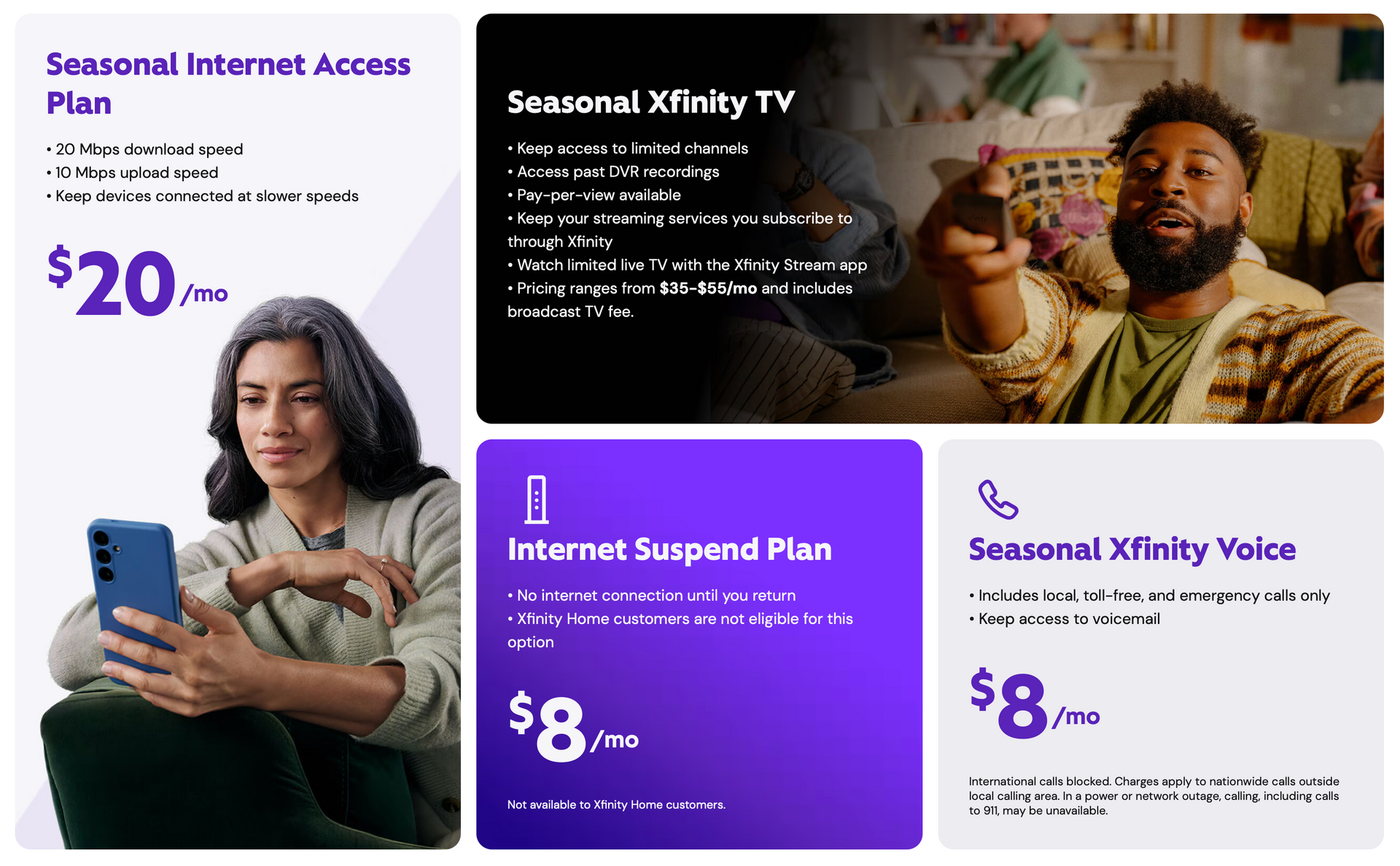 Four Xfinity seasonal plan ads: Internet access ($20), TV, internet suspend ($8), and voice ($8).