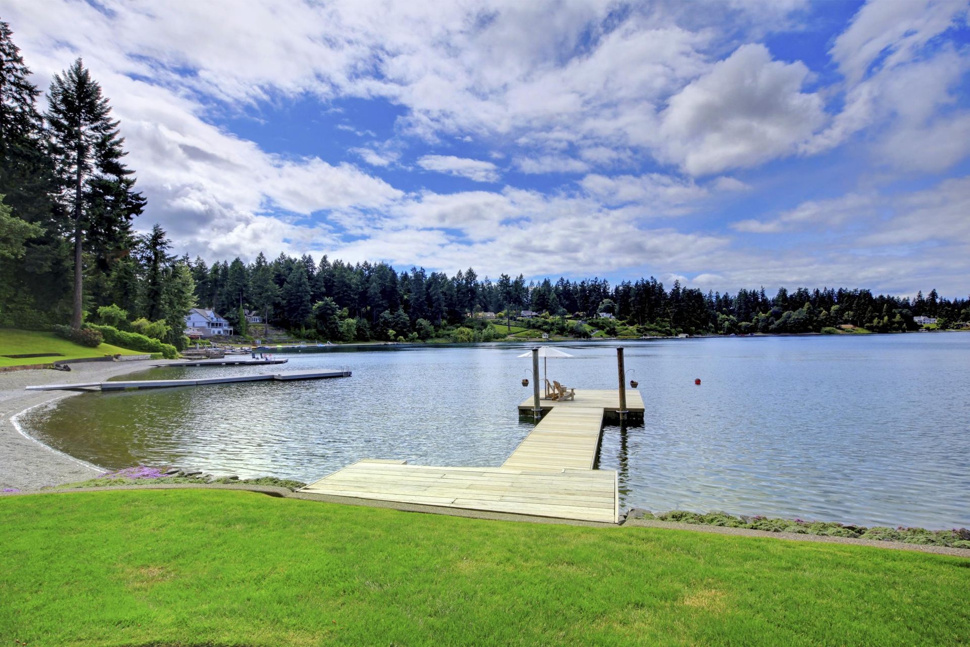 Lakeside view with a wooden dock extending into the water under a cloudy blue sky. Lush green grass in the foreground.