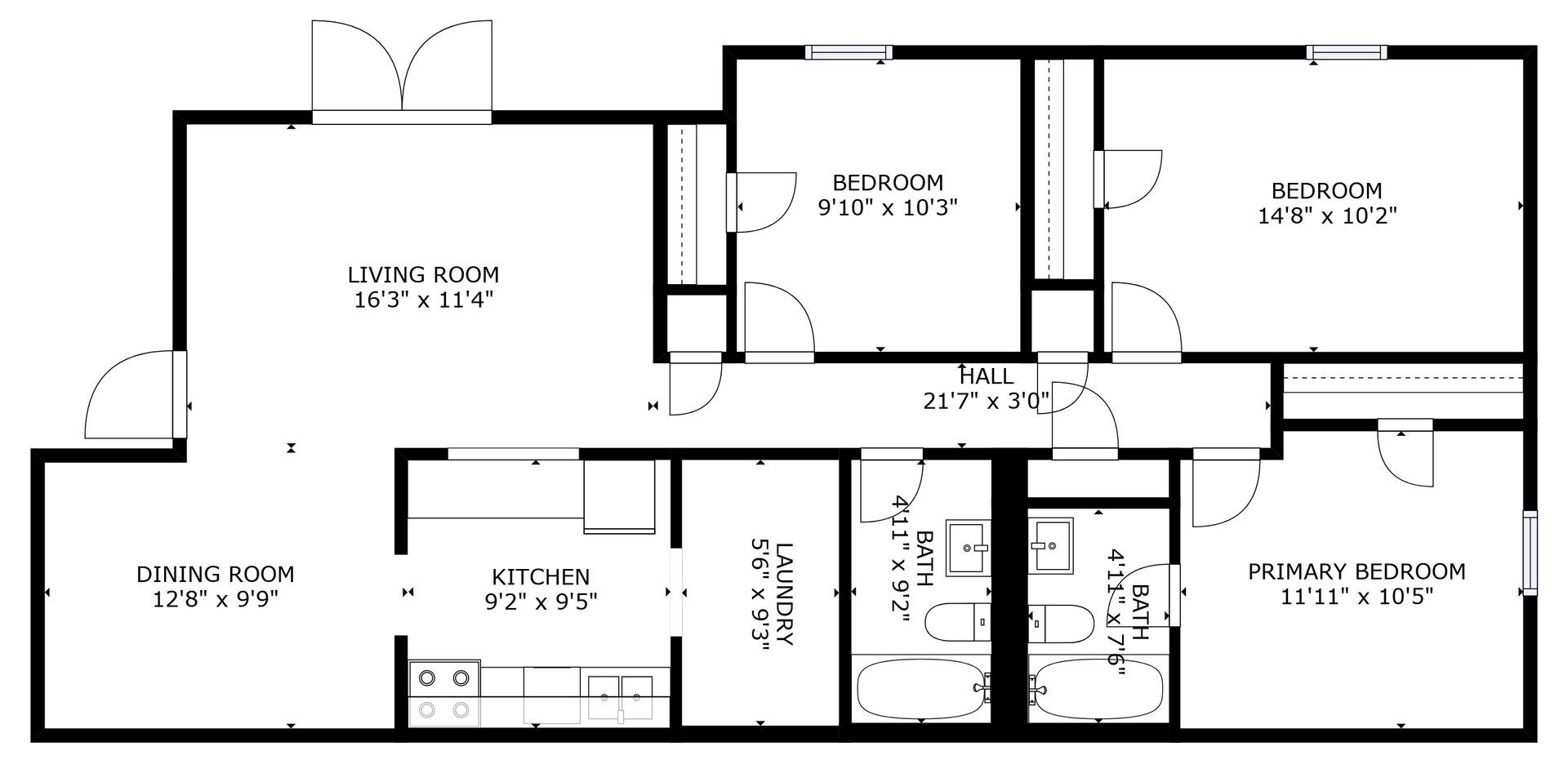 Black-and-white architectural floor plan of a house with multiple labeled rooms and doorways