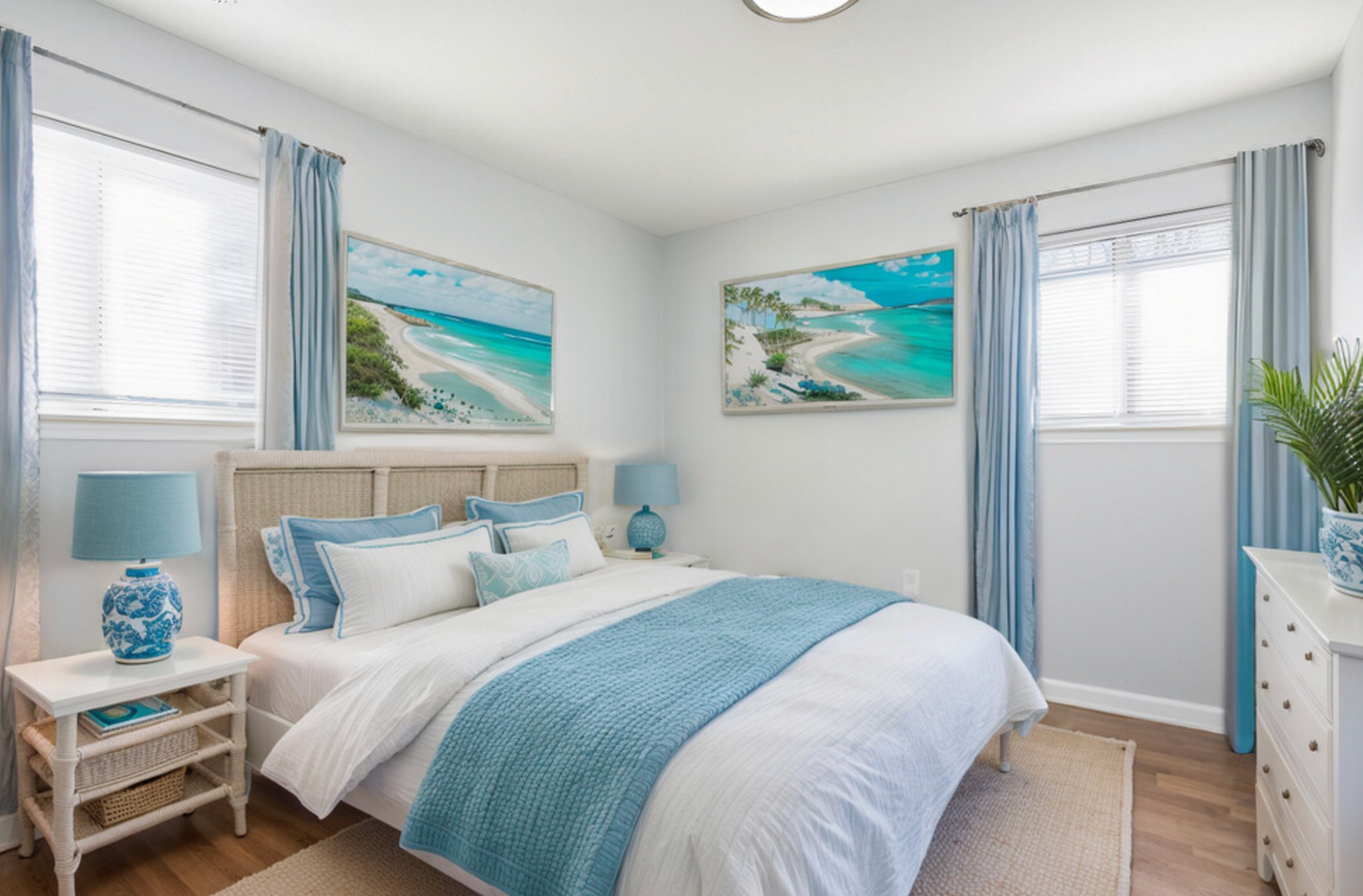 A bedroom with a bed , nightstands , lamps , curtains and paintings on the wall.