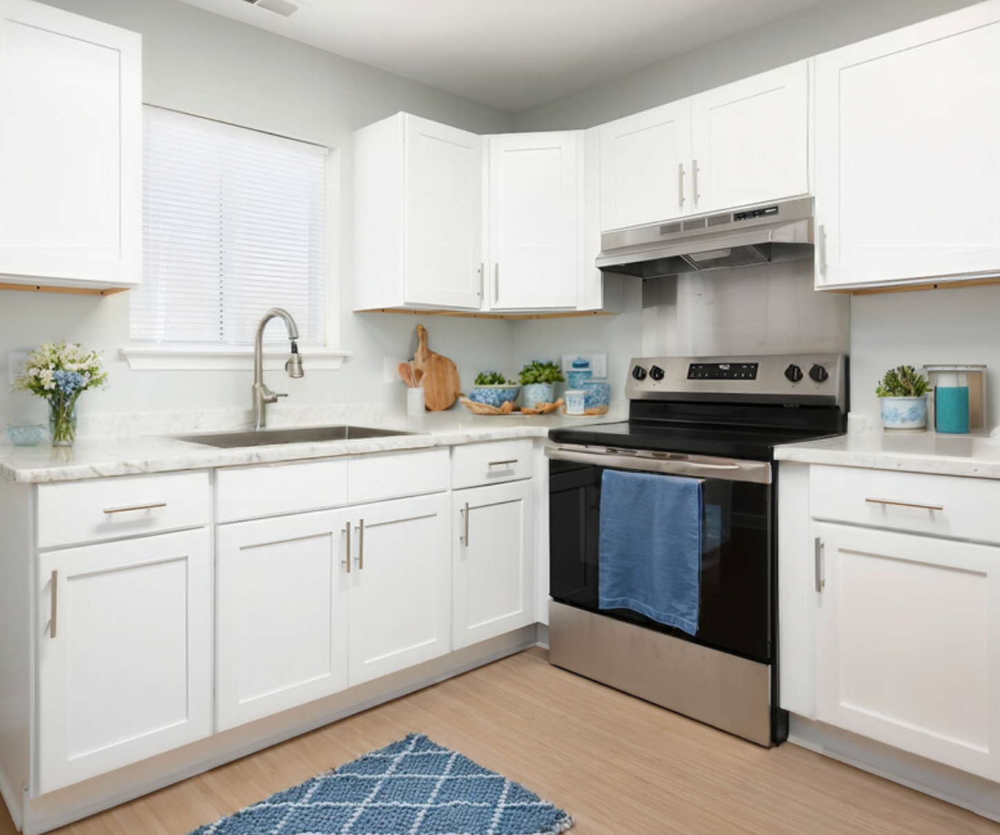 A kitchen with white cabinets and stainless steel appliances.